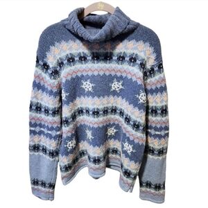 Fashion Bug Blue vintage Fair Isle Nordic Wool Turtleneck Cowl Sweater Women XL